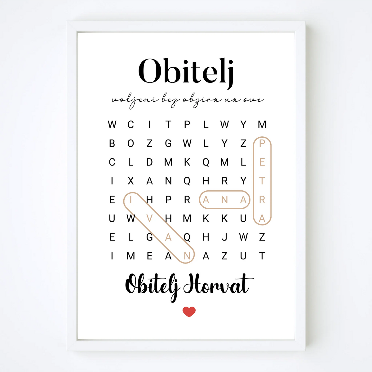 Personalizirana osmosmjerka s imenima obitelji – slika u okviru